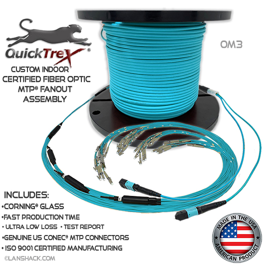 Custom Indoor 48 Fiber MTP® OM3 - 50/125 Fanout Assembly (2 x 24 MTP to 48 Simplex Connectors) - Plenum Rated - made in USA by QuickTreX® with Genuine US Conec® Connectors and Corning® Glass