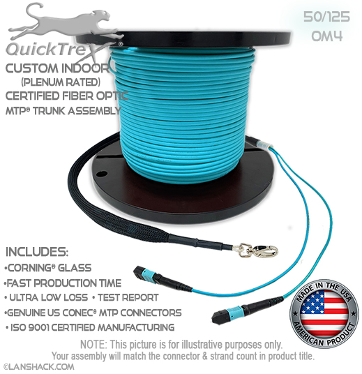 Custom Pre-Terminated Indoor MTP® OM4 50/125 48 Fiber (4 x 12) Trunk Assembly - Plenum Rated - made in USA by QuickTreX® with Genuine US Conec® Connectors and Corning® Glass