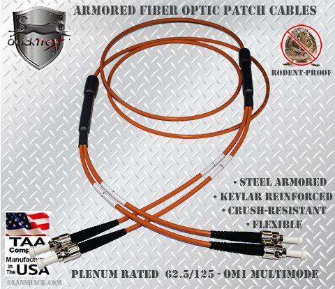 ST to ST Stainless Steel Armored Fiber Optic Patch Cable (Plenum Rated) 62.5/125 OM1 - Multimode - USA CustomLine by QuickTreX®