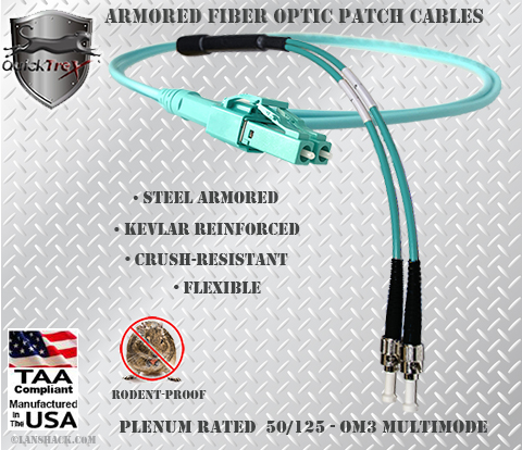 LC Uniboot to ST Stainless Steel Armored Fiber Optic Patch Cable (Plenum Rated) 50/125 OM3 - 10 GIG Multimode - USA CustomLine by QuickTreX®