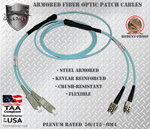 SC to FC Stainless Steel Armored Fiber Optic Patch Cable (Plenum Rated) 50/125 OM4 - 10/40/100 GIG Multimode - USA CustomLine by QuickTreX®