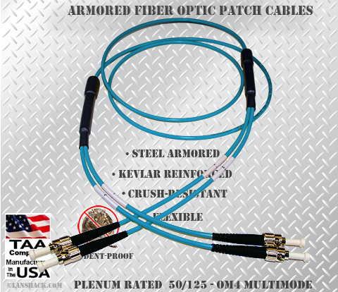 ST to FC Stainless Steel Armored Fiber Optic Patch Cable (Plenum Rated) 50/125 OM4 - 10/40/100 GIG Multimode - USA CustomLine by QuickTreX®