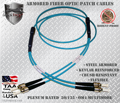 ST to ST Stainless Steel Armored Fiber Optic Patch Cable (Plenum Rated) 50/125 OM4 - 10/40/100 GIG Multimode - USA CustomLine by QuickTreX®