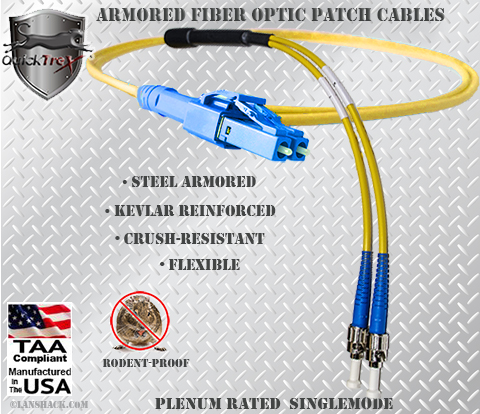 LC Uniboot to ST Stainless Steel Armored Fiber Optic Patch Cable (Plenum Rated) Singlemode - USA CustomLine by QuickTreX®