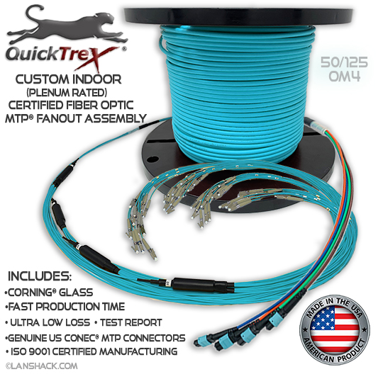 Custom Indoor 24 Fiber MTP® OM4 - 50/125 Fanout Assembly (2 x 12 MTP to 24 Simplex Connectors) - Plenum Rated - made in USA by QuickTreX® with Genuine US Conec® Connectors and Corning® Glass