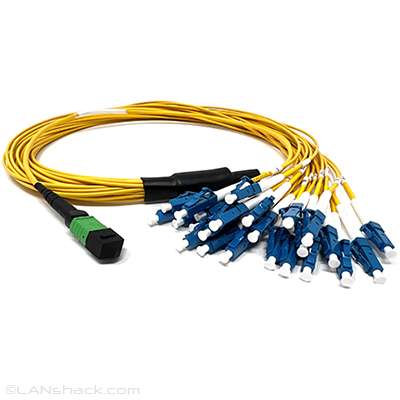 Stock 1 Meter 24 Fiber 1 X 24 MPO APC Female to 24 X LC UPC Simplex Singlemode OFNR Riser Rated Fiber Optic Fanout Cable Assembly - Method A Straight Through