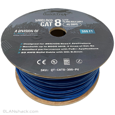 Cat 8 Shielded (S/FTP) 40G Solid Conductor 23AWG 2000MHZ S/FTP PVC Ethernet Cable 300 Ft Blue by QuickTreX