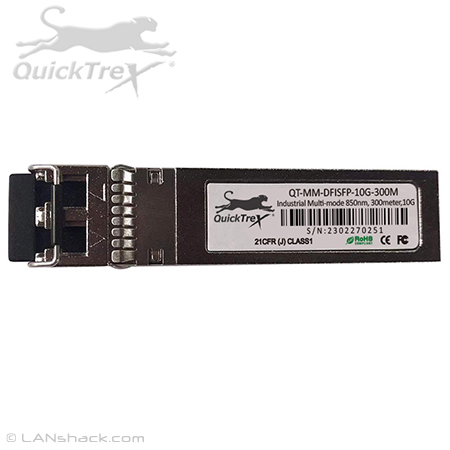 QuickTreX Industrial 10 Gigabit Multimode LC Duplex SFP+ Fiber Optic Transceiver - Hot Pluggable and Cisco Compatible - 300 m at 850nm - Extreme Temp and Humidity Resistant