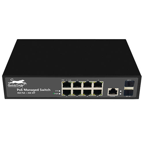 QuickTreX 8 Port Managed Layer 2+ Gigabit PoE+ Switch with 8 x GIG PoE+ RJ45 30/15.4W Ports, 2 x GIG SFP Uplink Ports, 1 x RJ45 Console Port, and Built-In 120W Power Supply  - RoHS Compliant